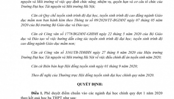 Điểm chuẩn vào các ngành đại học chính quy đợt 1 năm 2020 theo kết quả học bạ THPT
